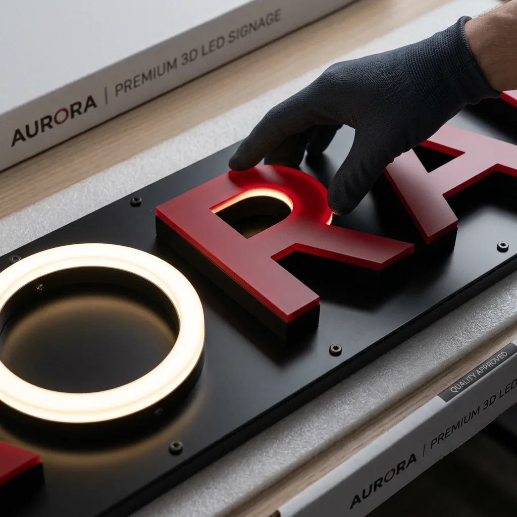 Materialvisualisierung eines geprüften LED Firmenschilds mit Acrylglas, Edelstahl und Lichtkante