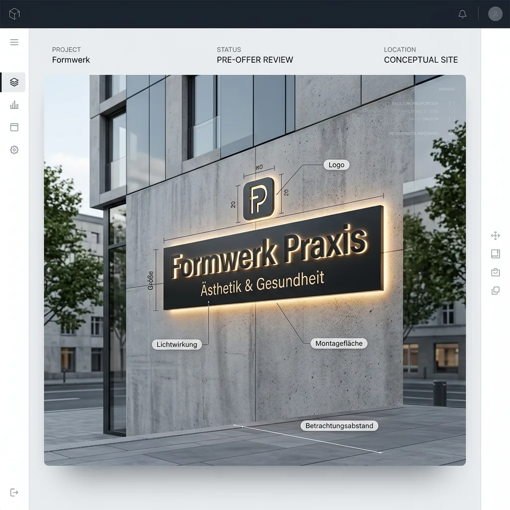 Planungsvisualisierung zur Prüfung von Logo, Standort und Proportion eines Firmenschilds