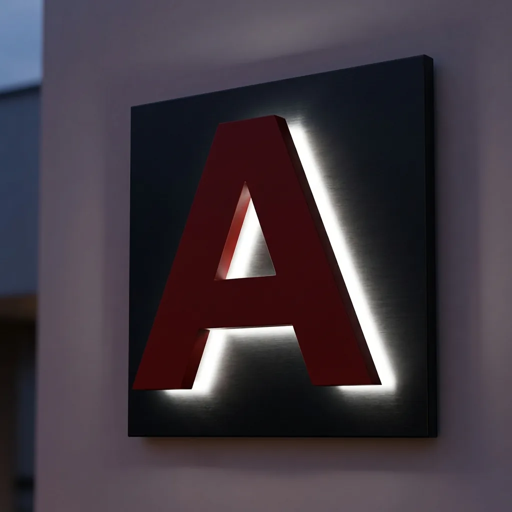 Backlit 3D LED Firmenschild mit weißem Halo-Effekt hinter dunklem Buchstaben auf schwarzer Metallrückplatte