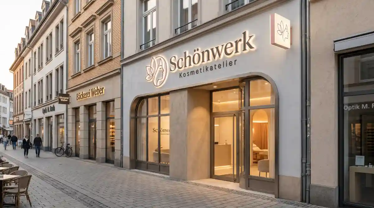 Beispielvisualisierung eines beleuchteten Fassadenschilds in einer Straßenlage mit sichtbarem Eingangsbereich.