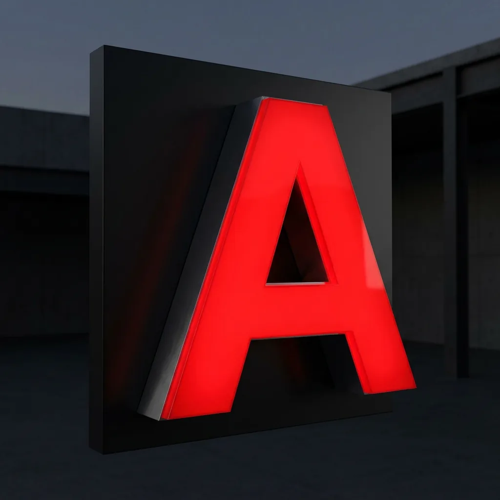 Frontlit 3D LED Firmenschild mit rot leuchtender Acrylfront auf schwarzer Metallrückplatte