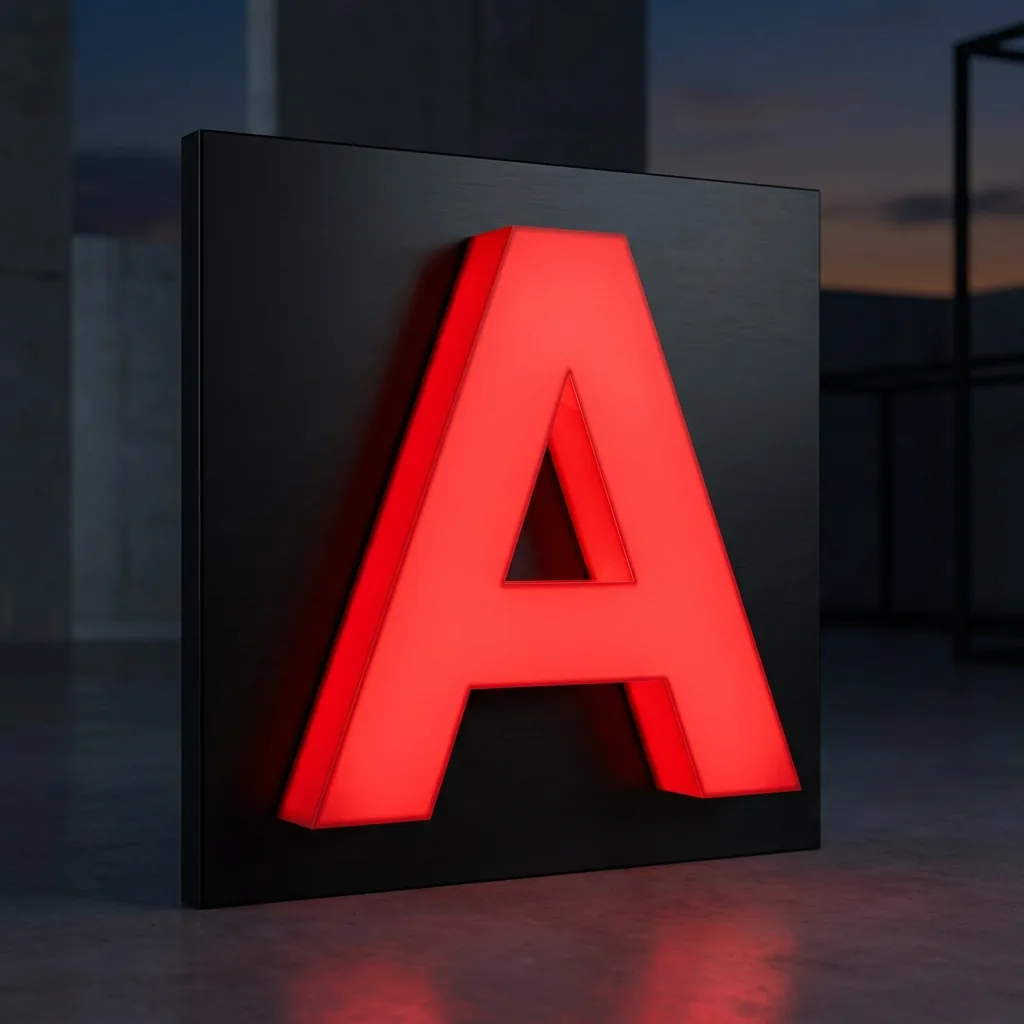 Full-Lit 3D LED Firmenschild mit vollständig rot leuchtendem Acrylkörper auf schwarzer Metallrückplatte