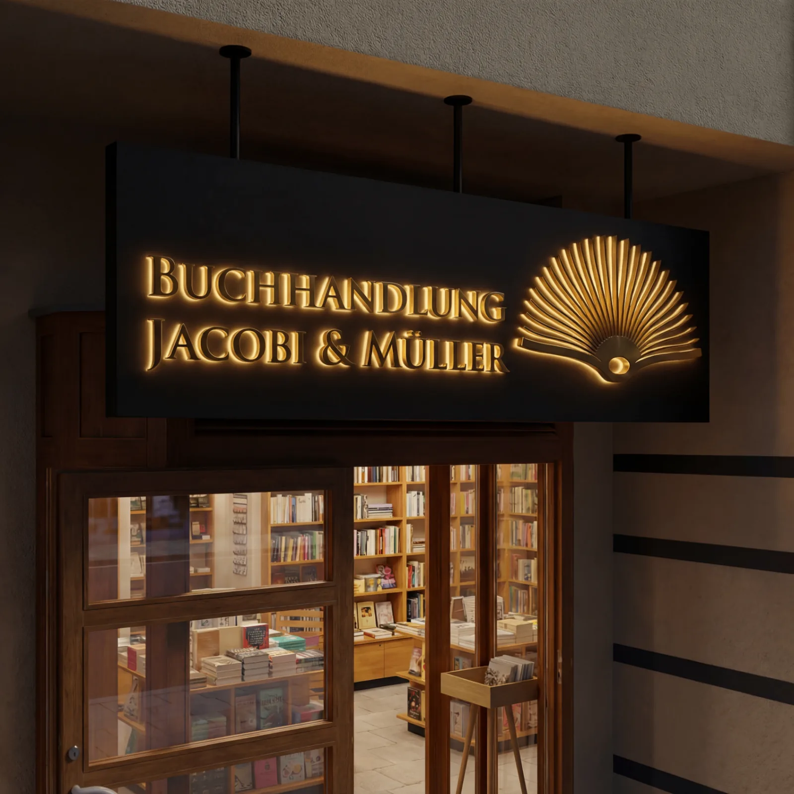 Beispielvisualisierung eines beleuchteten 3D Firmenschilds mit markanter Lichtwirkung an einer eigenständigen Eingangszone.