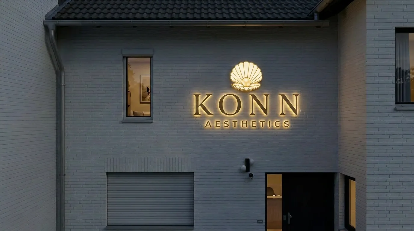 Beispielvisualisierung eines hochwertigen Eingangsbereichs mit beleuchtetem 3D Firmenschild für Studio oder Praxis.