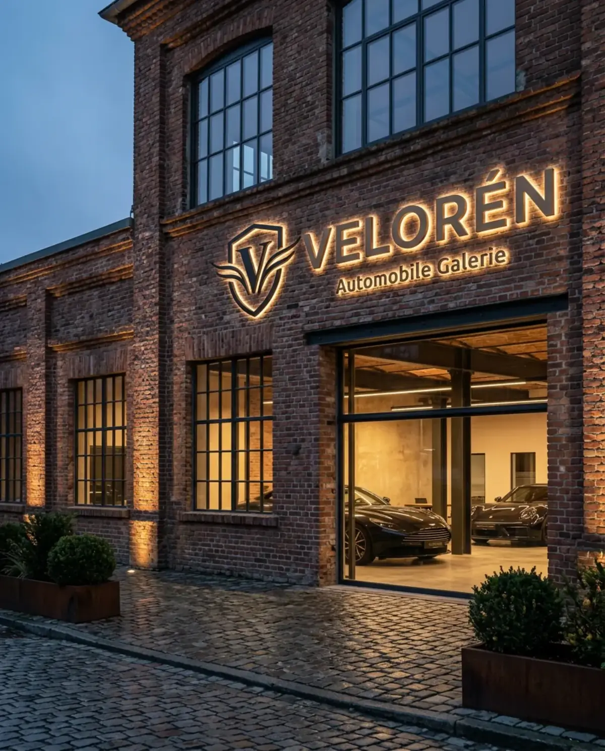 Hochwertiges beleuchtetes 3D LED Firmenschild an moderner Fassade