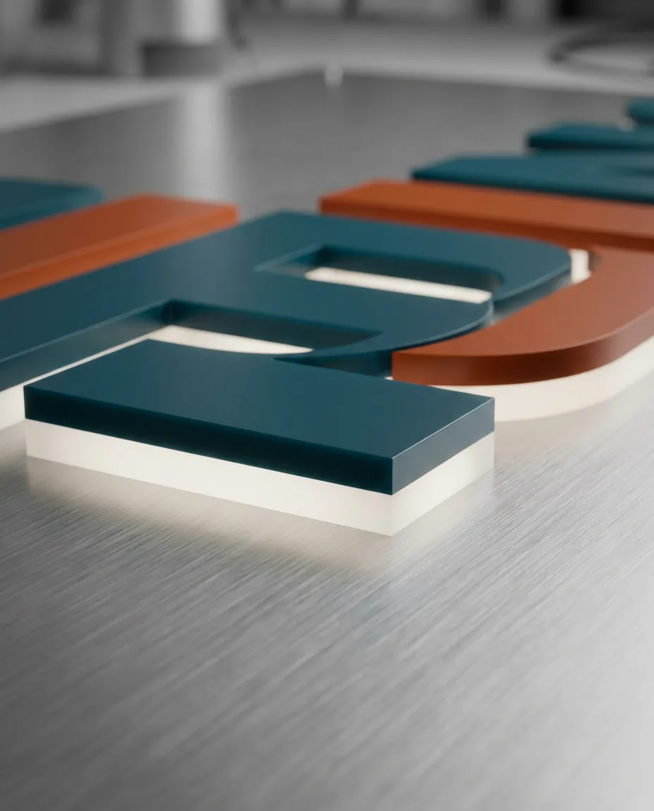 Materialvisualisierung von farbigen Acrylglas-Buchstaben auf einer Edelstahl-Backplate für ein hochwertiges 3D LED Firmenschild.