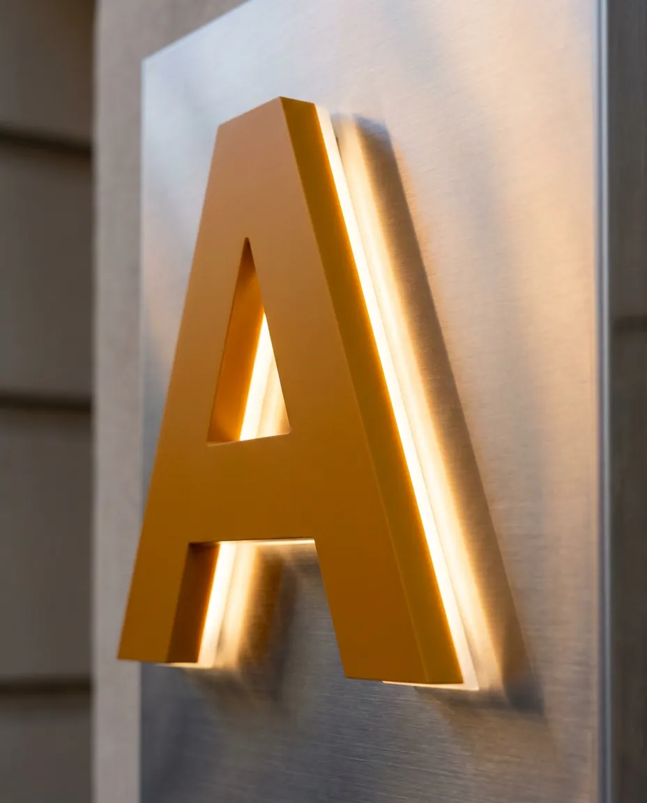 Materialvisualisierung einer Frontlit- oder Backlit-LED-Beleuchtung an farbigen Acrylglas-Elementen auf Edelstahl.