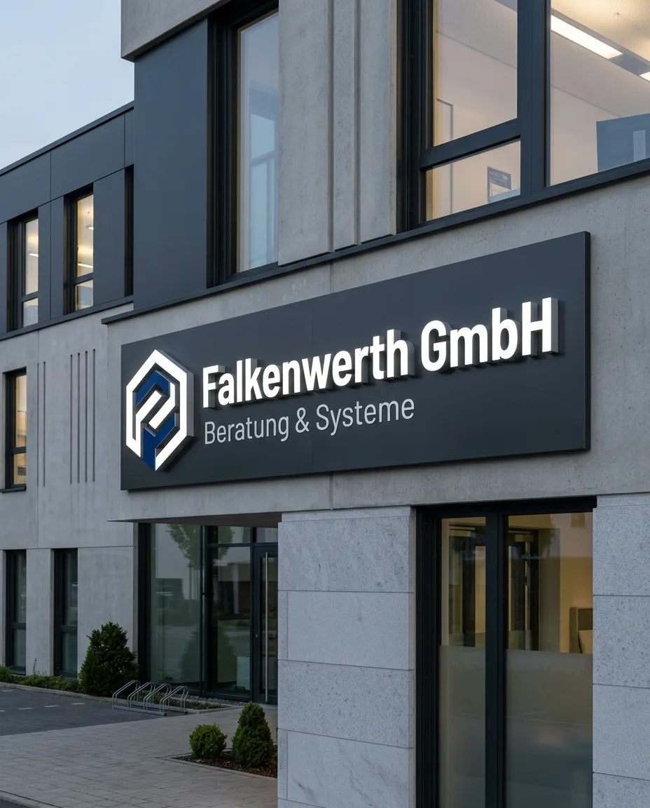 Beleuchtetes 3D LED Firmenschild mit Logo an einer modernen Unternehmensfassade