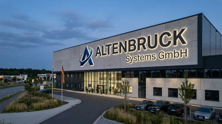 Großformatiges beleuchtetes 3D LED Firmenschild an einer Unternehmensfassade mit weitem Sichtbereich.