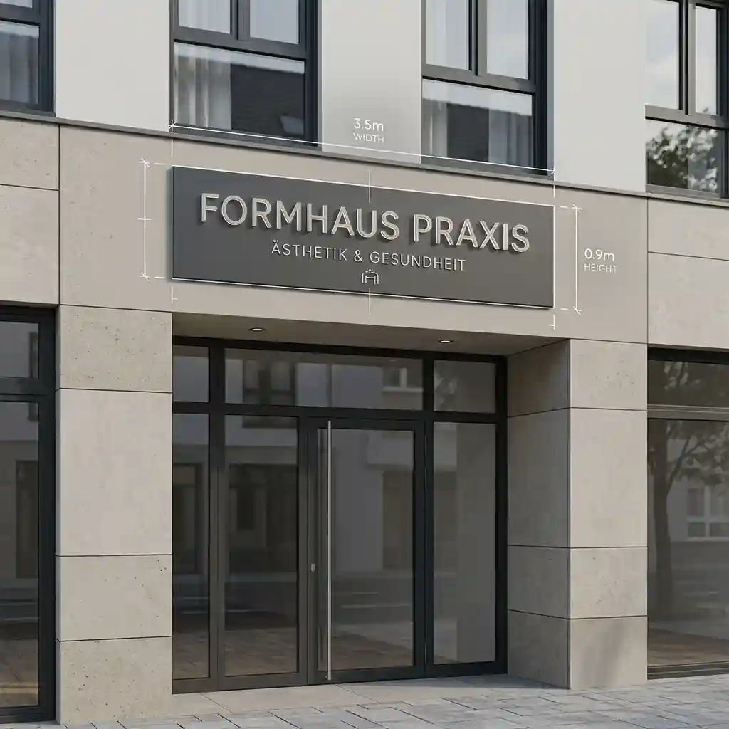 Planungsvisualisierung für Größe und Position eines Schilds an einer Unternehmensfassade.