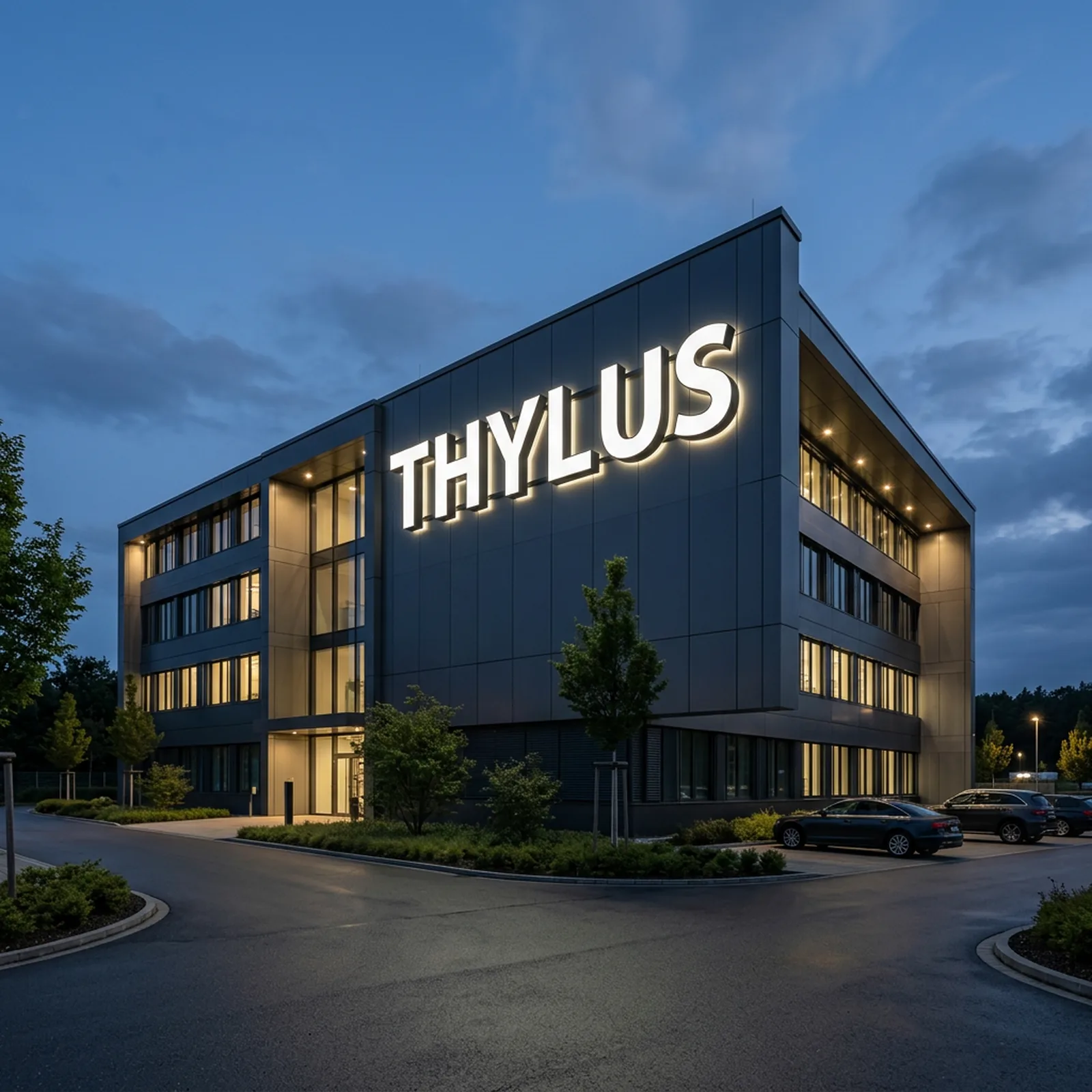 Beispielvisualisierung eines großen beleuchteten 3D LED Fassadenschilds an einer modernen Gewerbefassade bei Dämmerung.