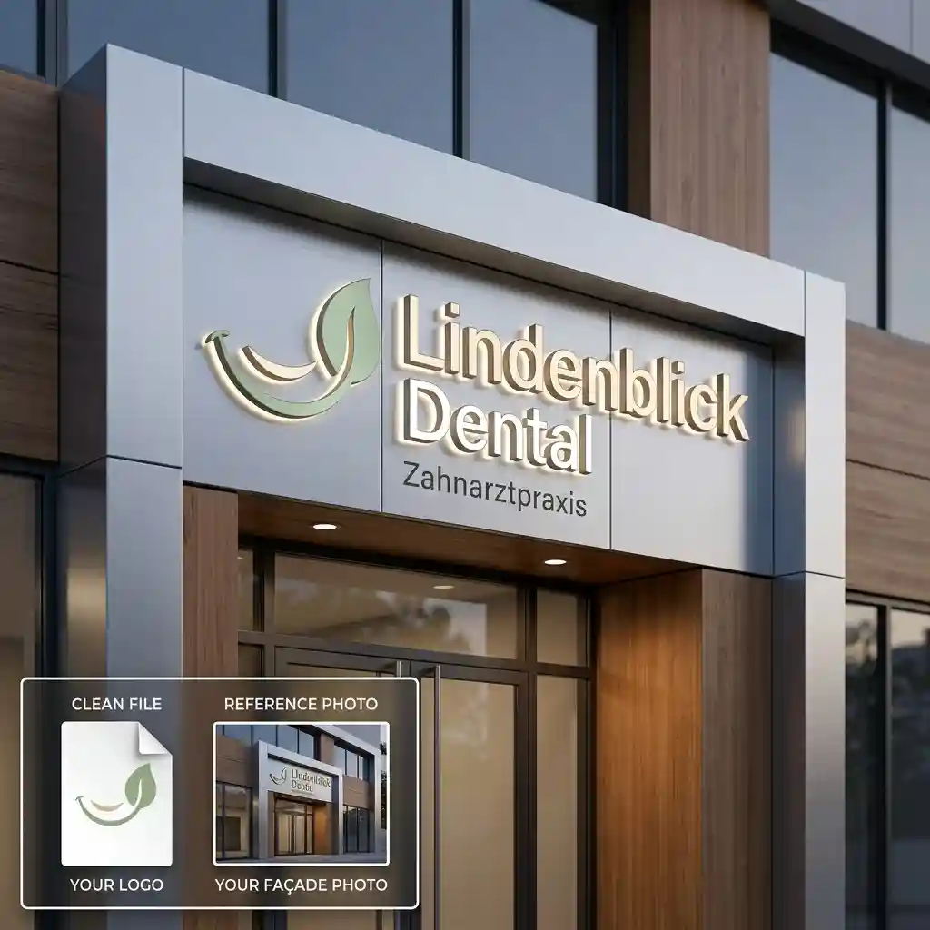 Beispielvisualisierung einer geplanten Fassadenbeschilderung anhand von Logo und Standortfoto.