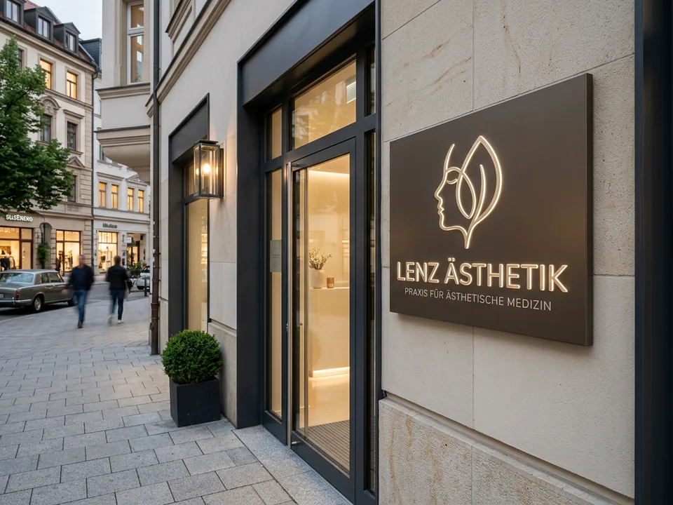 Beleuchtetes Praxisschild neben einem Eingang einer ästhetischen Praxis.