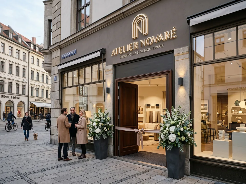 Beleuchtetes Firmenschild an einem Showroom zur Neueröffnung oder zum Rebranding.